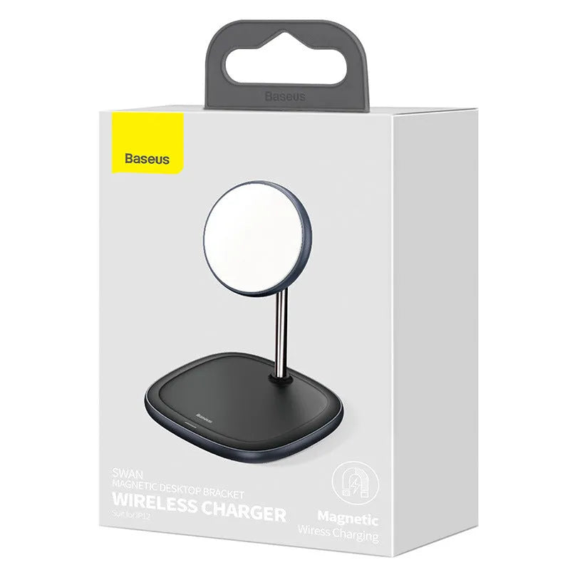 Swan magnetic wireless charging stand for iPhone 12 with 15W fast charging capability in black or white