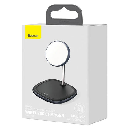 Swan magnetic wireless charging stand for iPhone 12 with 15W fast charging capability in black or white