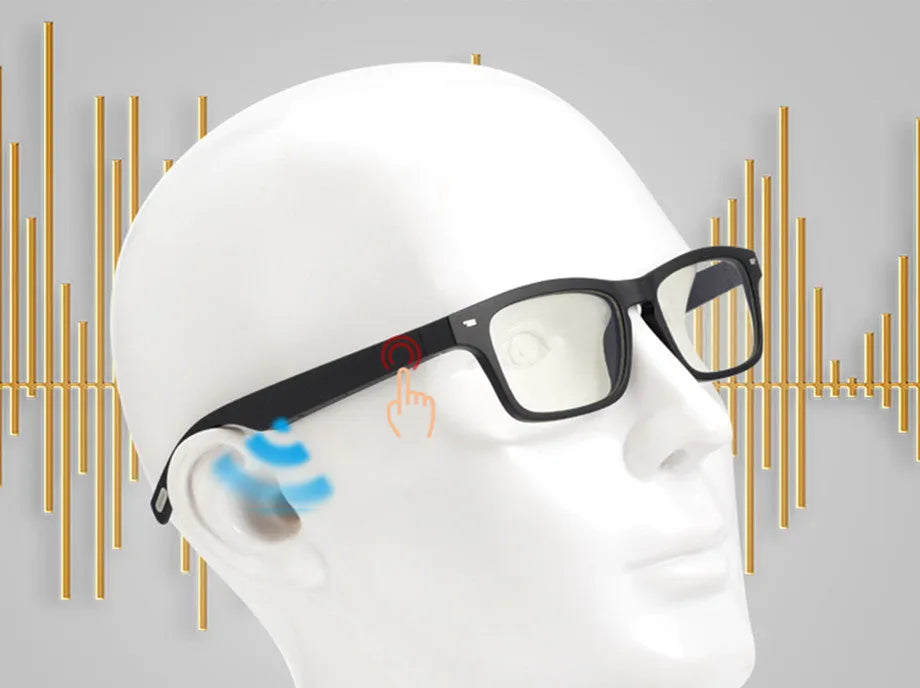 Smart glasses with semi-open Bluetooth audio, anti-blue light lenses, and IPX7 waterproof rating on a person
