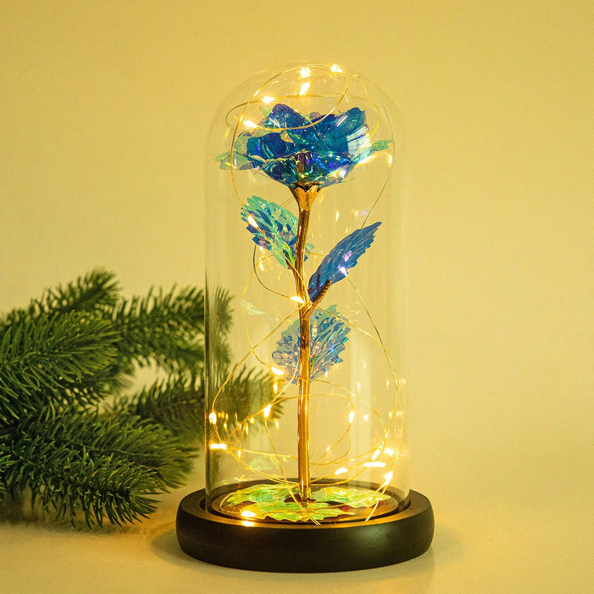 Enchanted Forever Rose in Glass LED Light Christmas Decoration with wooden base