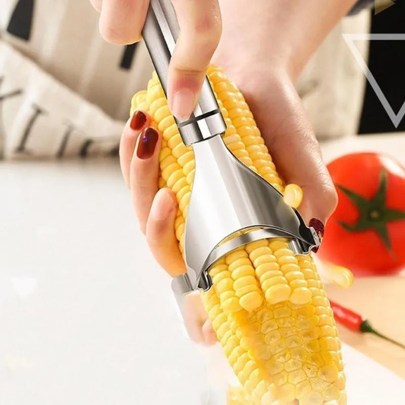 Stainless steel corn planer for removing kernels from corn on the cob.