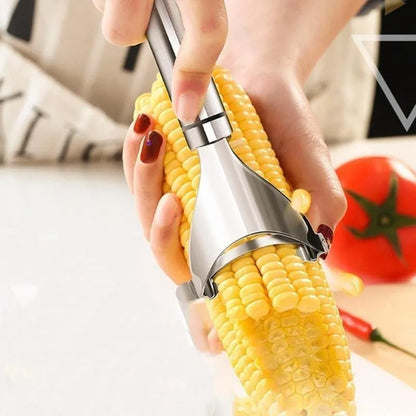Stainless steel corn planer for removing kernels from corn on the cob.