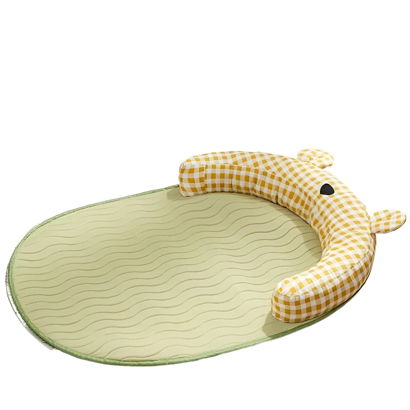 Green and yellow four seasons universal pet mat with cooling pad in four sizes for small to extra large dogs and cats.