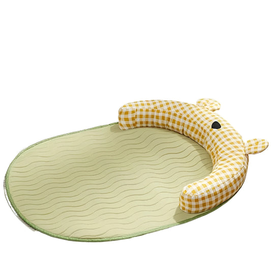 Green and yellow four seasons universal pet mat with cooling pad in four sizes for small to extra large dogs and cats.