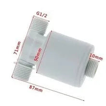 White nylon automatic float valve with threaded connection for purified water systems.