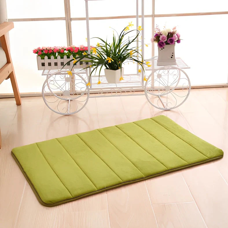 Memory foam bathroom carpet with coral fleece surface and non-slip latex backing in beige colour