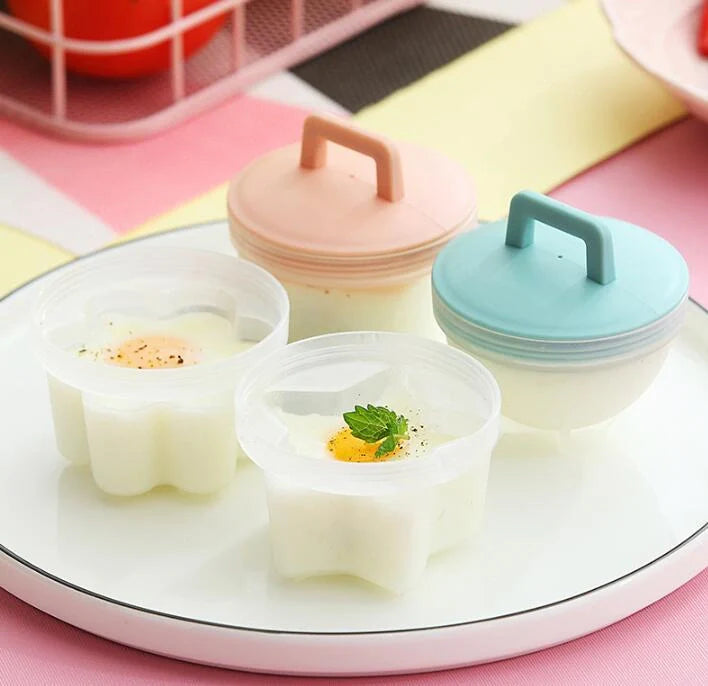 BPA-free multi-function egg cooker with four molds in gray, pink, and green