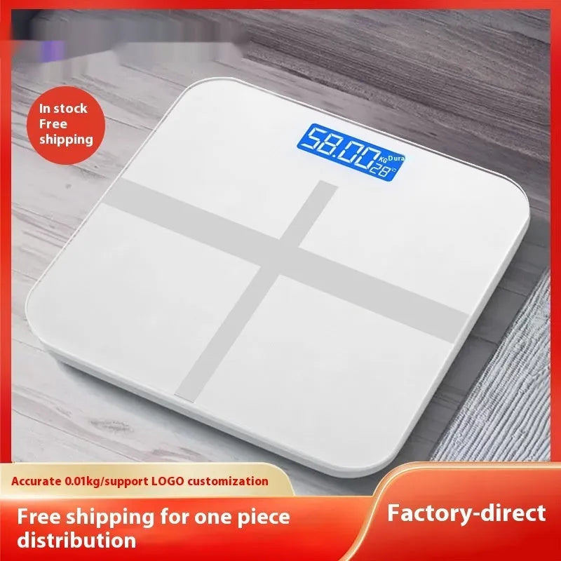 Household digital bathroom scale with large tempered glass top in rose gold finish on white bathroom floor.