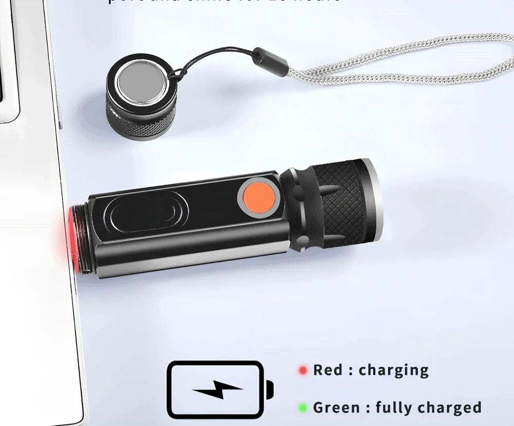 Black Soringrad rechargeable flashlight with magnet base, T6+COB lights, 18650 battery, 200m range for hiking and camping