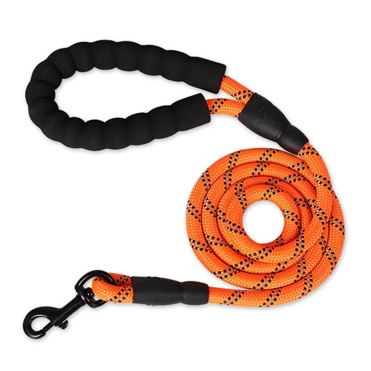 Reflective dog leash with foam handle showing 1.5m length and zinc alloy hook