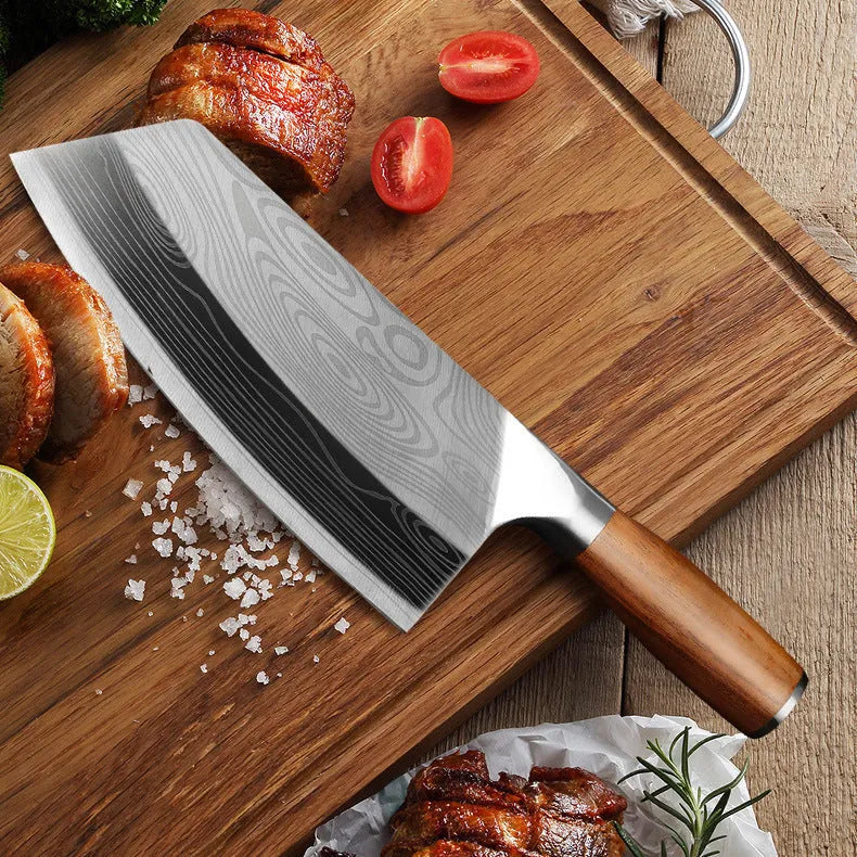 Stainless steel kitchen knife with a 320mm blade on a plain background.