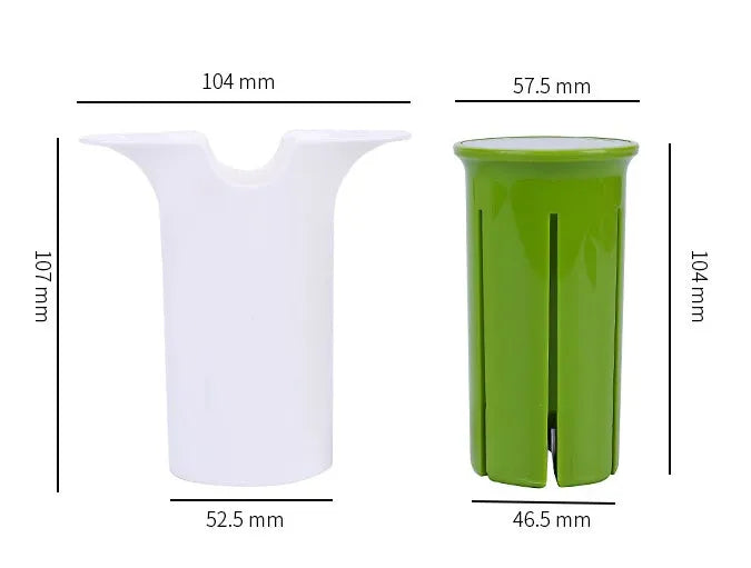 White plastic vegetable and fruit slicer with six stainless steel blades for cutting cucumbers and carrots.