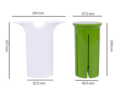 White plastic vegetable and fruit slicer with six stainless steel blades for cutting cucumbers and carrots.