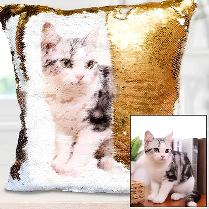 Custom photo sequin cushion cover with 40cm dimensions showing gold and silver luminous design options