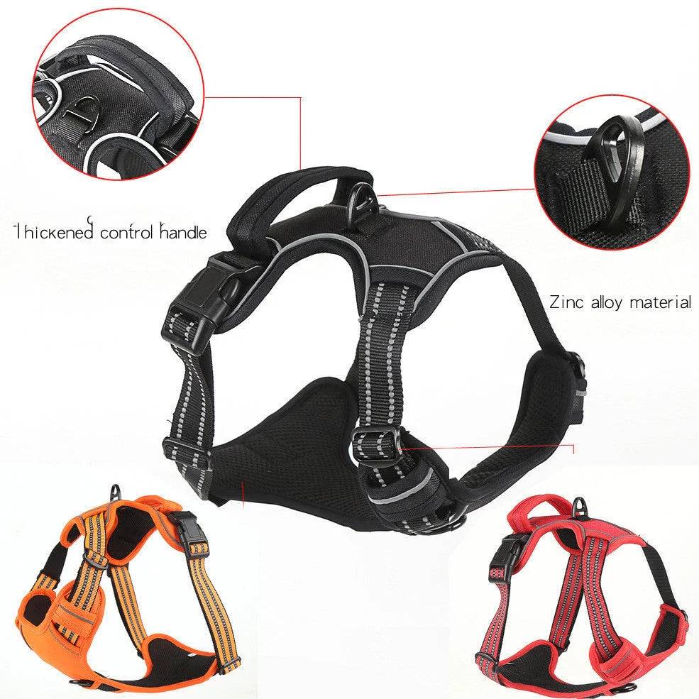 Dog harness with reflective elements and adjustable chest strap in black, red, or fluorescent orange