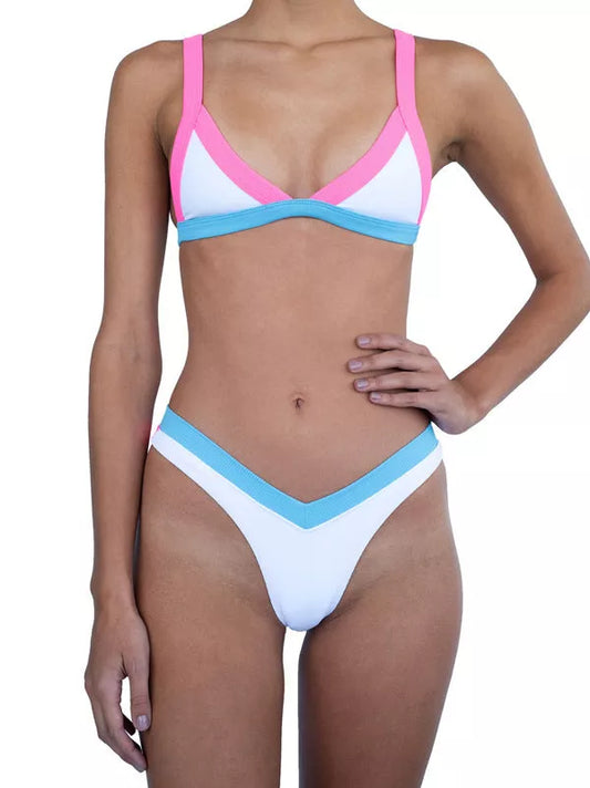 Bikini fashion split swimsuit in pale pinkish purple and blue, made from 100% nylon