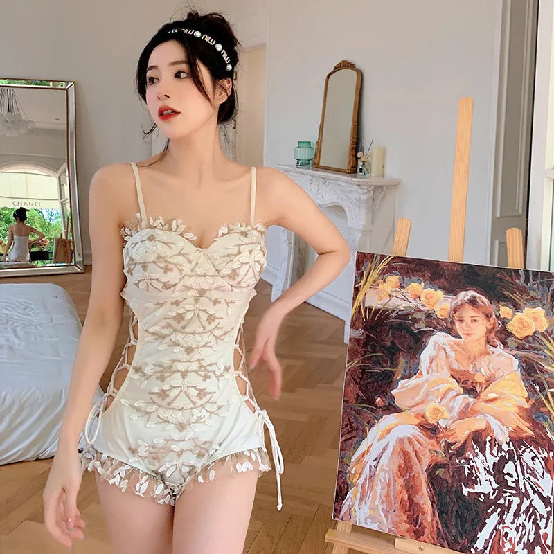 One-piece swimsuit in Korean style featuring waist hollow cutout design, slim fit, and backless construction for swimming and wading sports, made from nylon and spandex fabric in white colour, available in Asian sizes M, L, XL