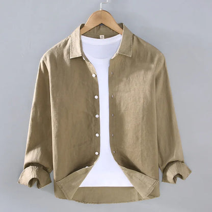 Pure linen men's cardigan shirt in a solid colour with long sleeves.
