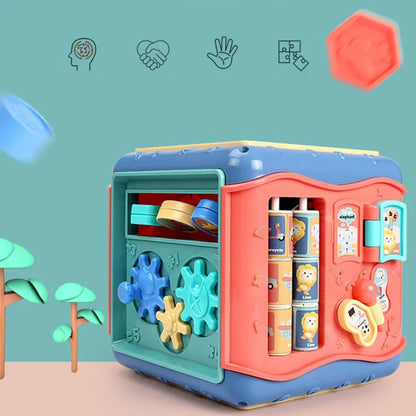 Colourful baby educational hexahedron toy cube with bead maze, gears, car track, clock, butterfly, and number tray.