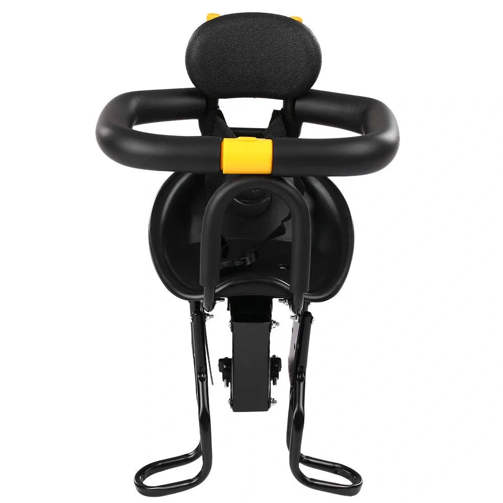 Front-mounted bicycle child seat with steel frame construction in black colour
