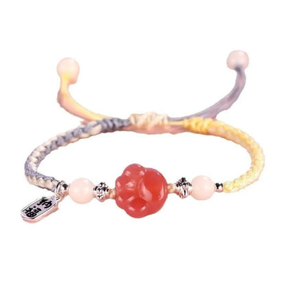 Red cat's paw woven couple bracelet with glass beads in pastoral style