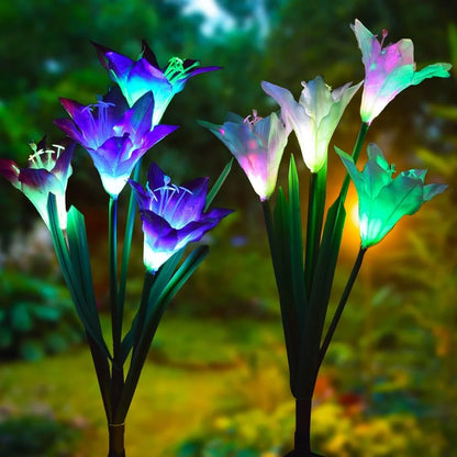 Solar-powered garden light with lily shape and LED bulbs in outdoor setting
