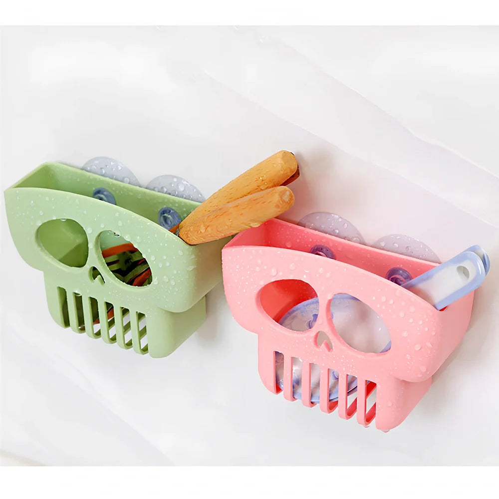 Halloween plastic drain rack in gray holding sponge, dish cloth and soap, 25cm long with punch holes for drainage