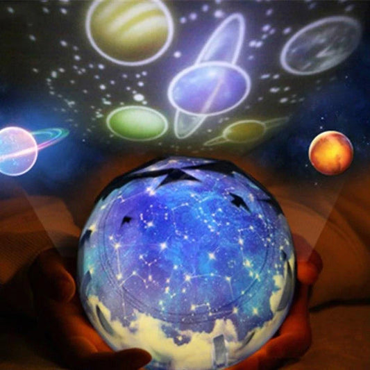 Galaxy Projector Lamp with various celestial projection effects, including moon, constellation, and earth patterns