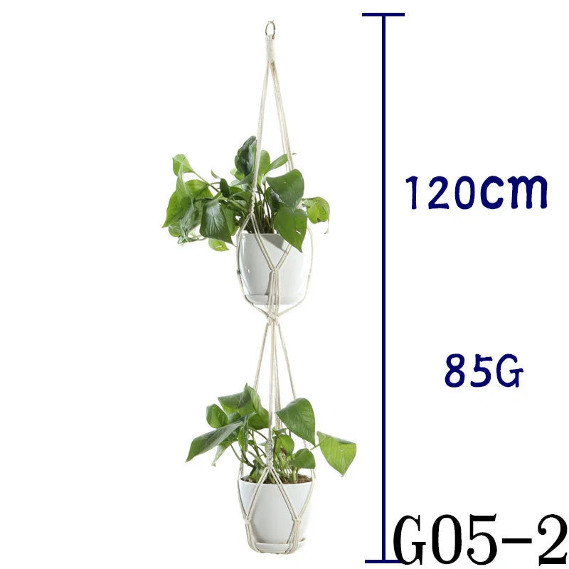 Beige cotton rope hanging basket with various styles for indoor plant display