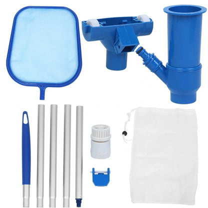 Swimming pool cleaning tool set with fine mesh head, ABS tubes, and connectors for debris removal