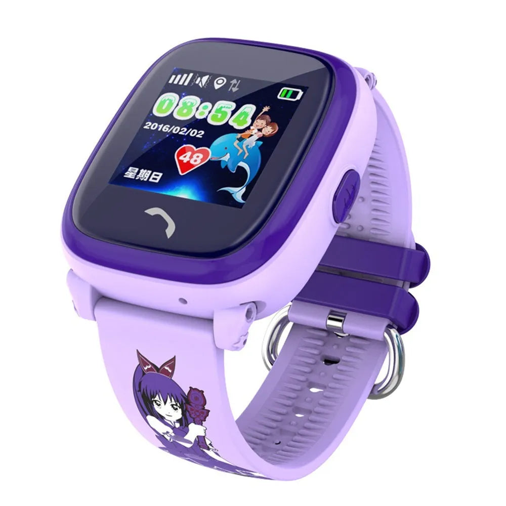 DF25 blue children's waterproof smart watch with touch screen displayed on a silicone wristband.