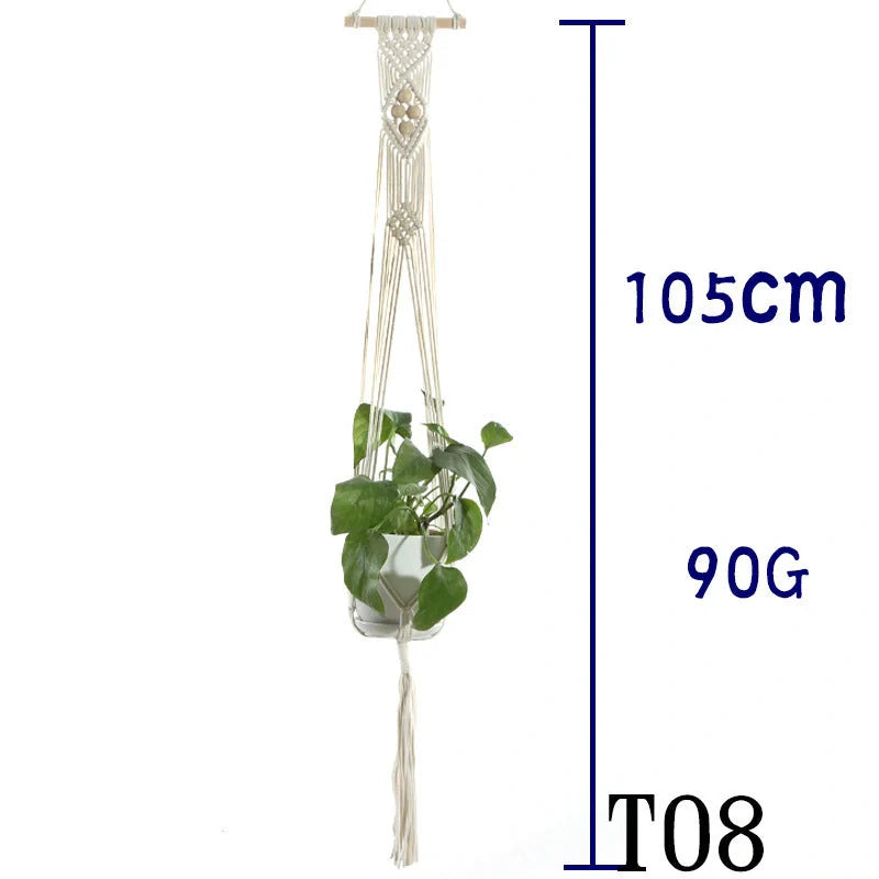Beige cotton rope hanging basket with various styles for indoor plant display