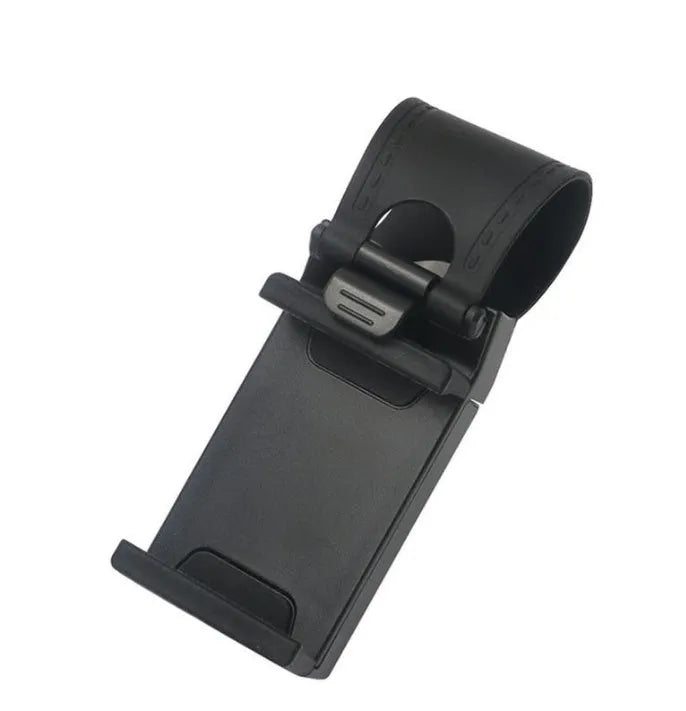 Black steering wheel phone holder with 75mm clip mounted on car wheel holding smartphone