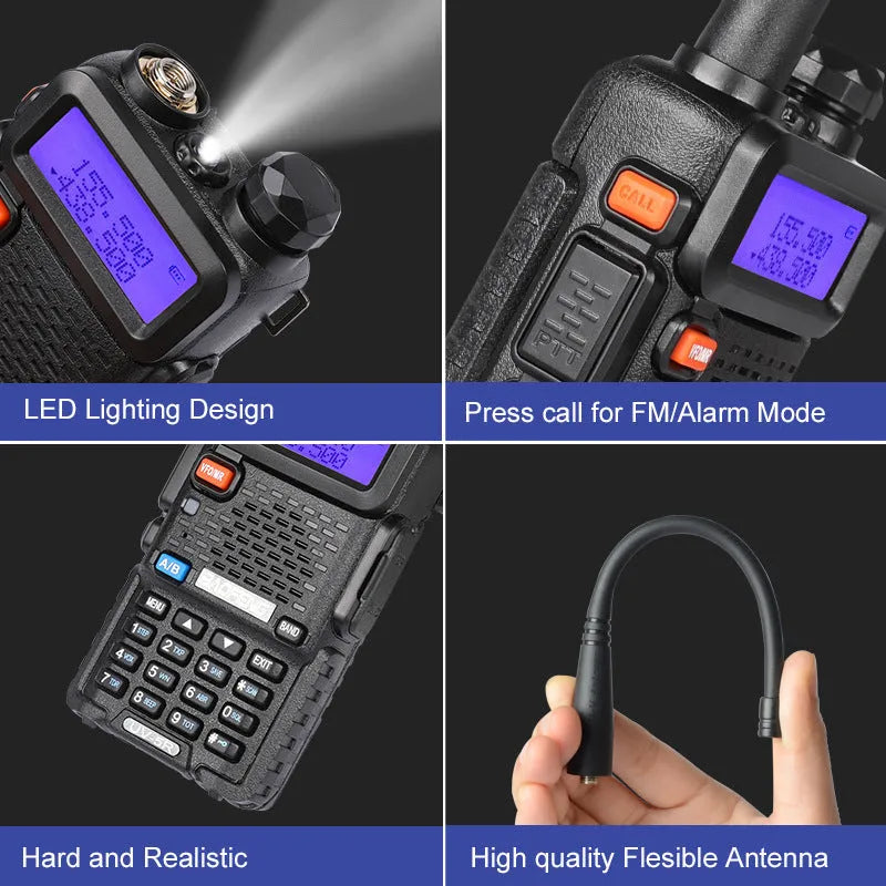 Black walkie talkie with LCD display showing 128 channels, compact dimensions of 110x58x32mm.