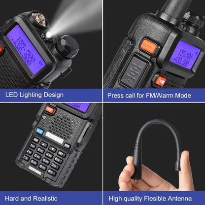 Black walkie talkie with LCD display showing 128 channels, compact dimensions of 110x58x32mm.