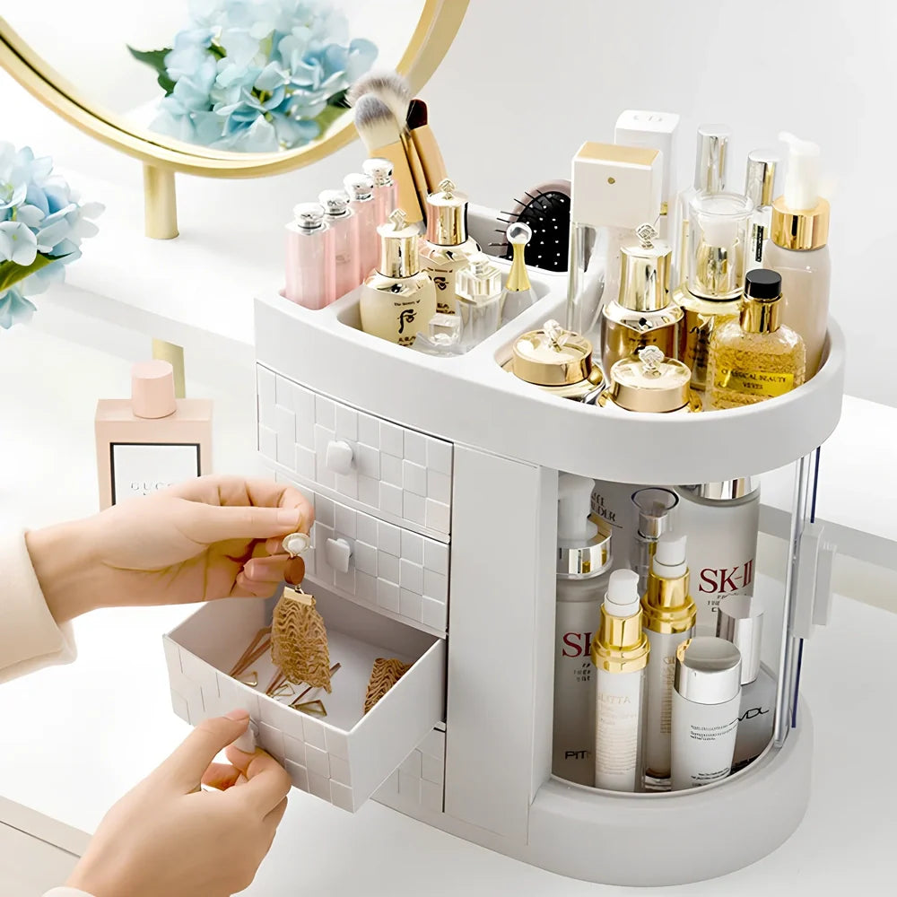 White plastic skincare storage rack with multiple compartments measuring 29.5cm wide