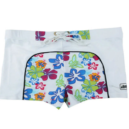 Men's nylon boxer shorts with floral and shark print designs showing deep purple, light purple, multicoloured options