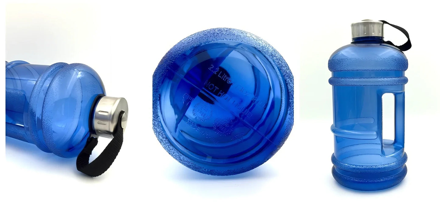 2-litre sports bottle in navy blue with white lid and ribbon connection, showing 13cm diameter and 27cm height dimensions