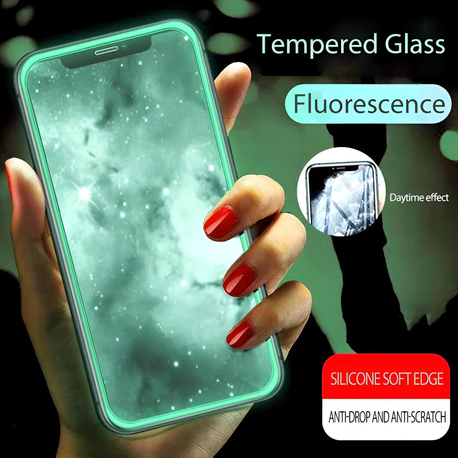 Luminous tempered glass screen protector glowing in dark next to iPhone