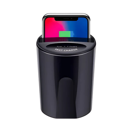Black X9 car wireless charging cup and base for QI smartphones with Micro USB cable.