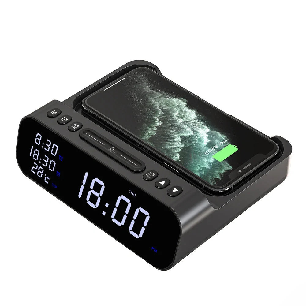 15W Three-in-One Wireless Charger with Alarm Clock and Temperature Tester in black and white