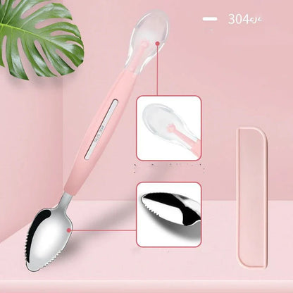 Stainless steel fruit spoon with sawtooth edge and dual-headed design for easily scooping grapefruit and desserts