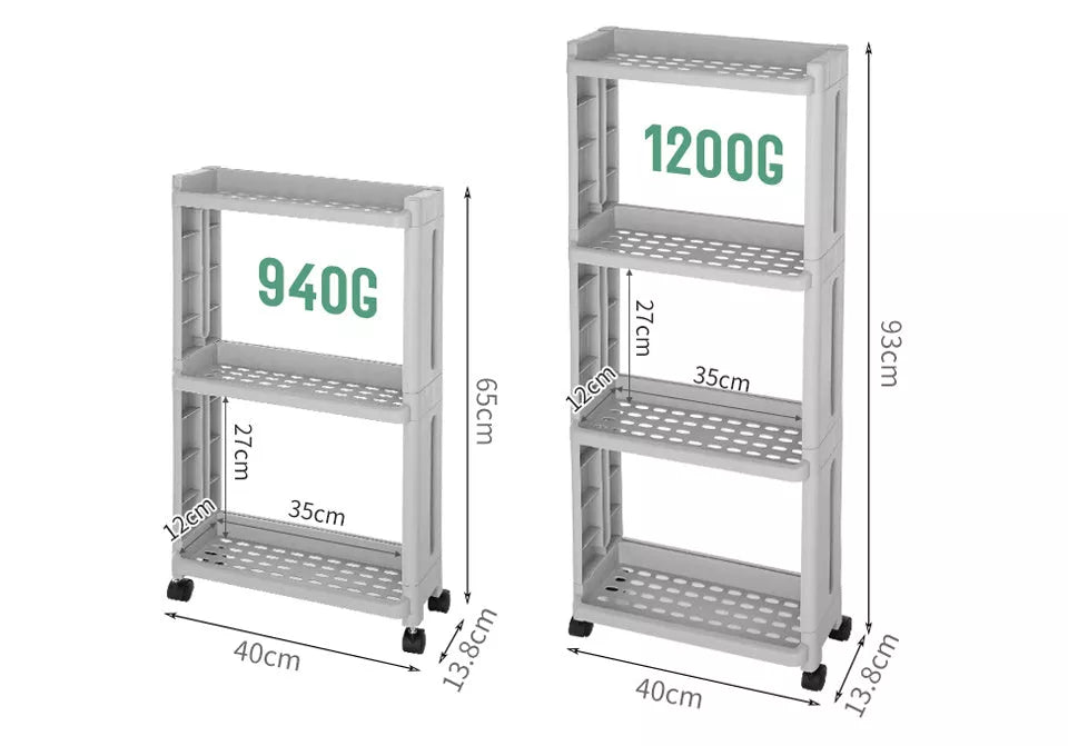 Wheeled kitchen storage rack in white and grey, offering space-saving organization with durable PP plastic construction.