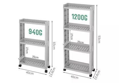 Wheeled kitchen storage rack in white and grey, offering space-saving organization with durable PP plastic construction.