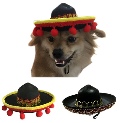 Mexican style cloth pet hat with 17cm diameter in red ball or brown lace options
