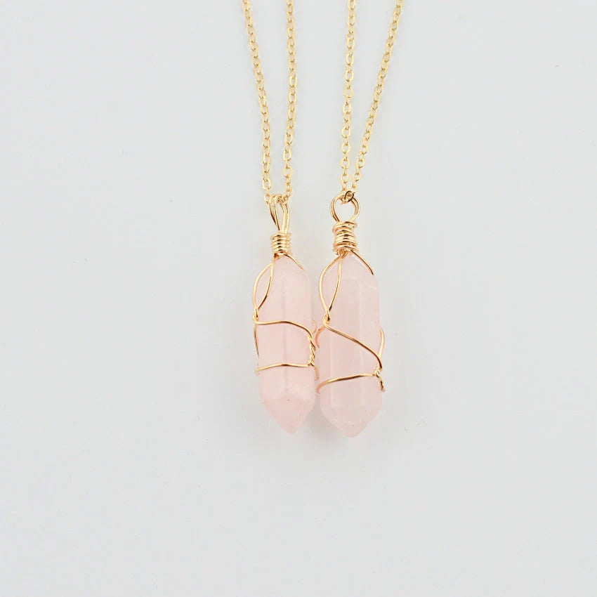 Geometric hexagonal quartz pendant necklace in various colors with copper wire and gold chain