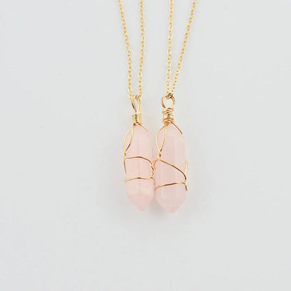 Geometric hexagonal quartz pendant necklace in various colors with copper wire and gold chain