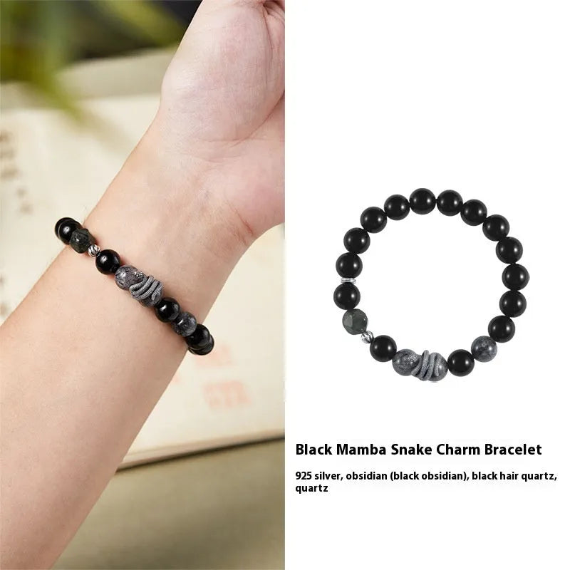 Men's black obsidian and sterling silver snake year bracelet with retro design and 10mm thickness