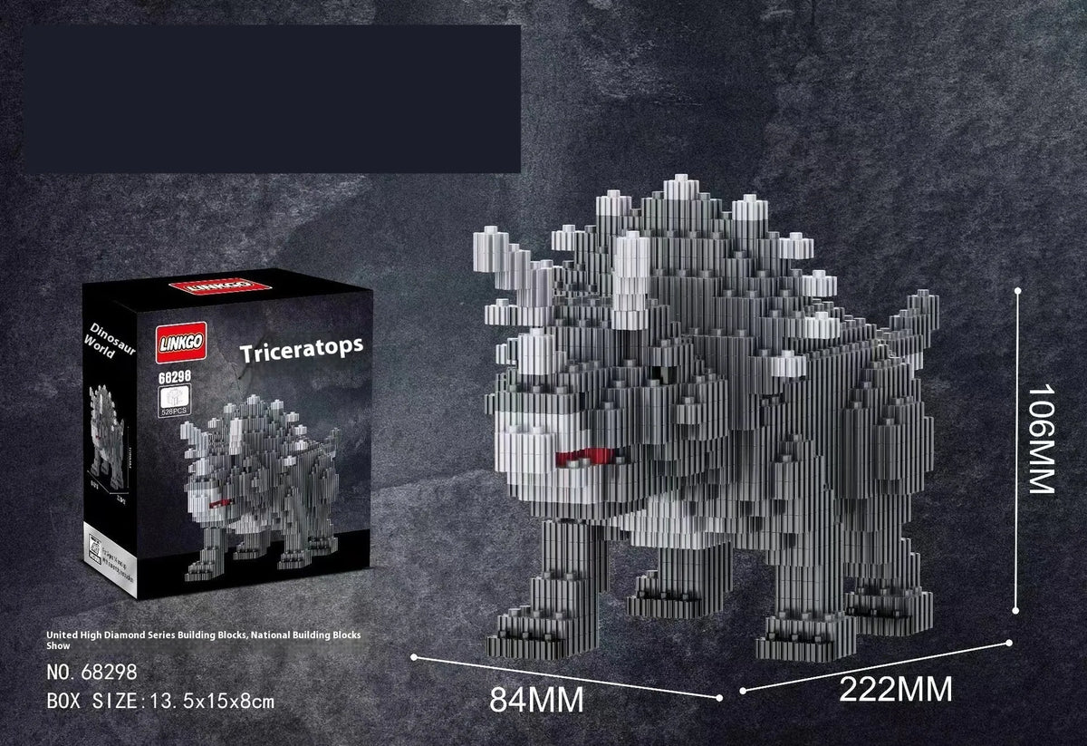 Dinosaur model assembly kit with small diamond plastic particles and colour box, available in 528 to 676 piece counts