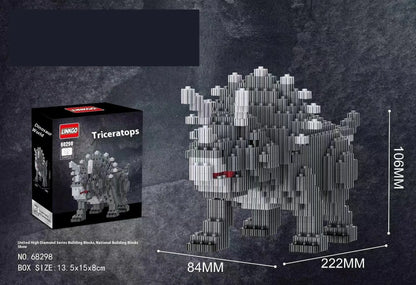 Dinosaur model assembly kit with small diamond plastic particles and colour box, available in 528 to 676 piece counts